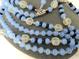 Glass Beaded Necklace and Bracelet Set Blue Black Beads Silver Tone Fili... - £7.64 GBP