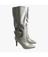 Knee High Boots Women Size 7.5 Silver Heels Patent Leather Pointed Toe M... - £20.56 GBP