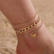18K Gold-Plated Rope-Chain Butterfly-Charm Anklet Set - £11.93 GBP