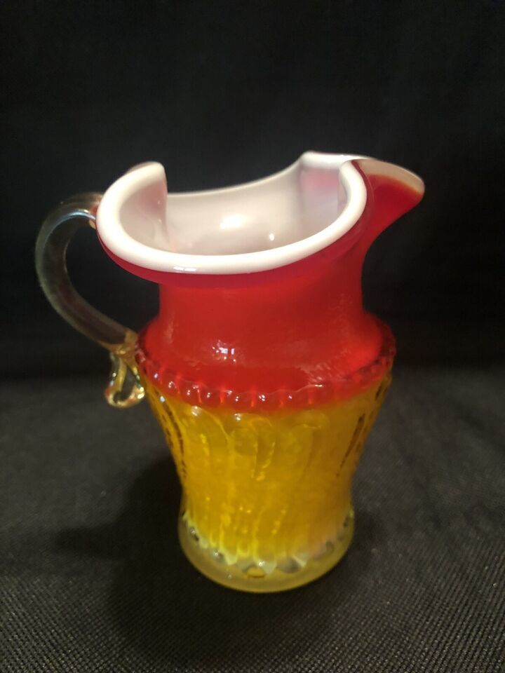 Vintage Embossed Art-Glass Red-to-Yellow Small Clear Glass Pitcher - 4&quot; ... - $5.49