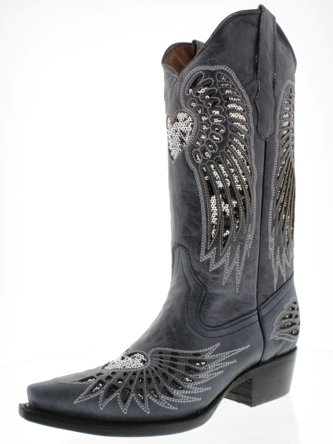 Womens Western Boots Cowboy Denim Blue Leather Silver Sequins Heart Wing... - $76.82