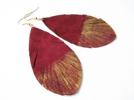 Genuine Suede Leather, Feather Pattern, Burgundy Leather, Dangle Earrings, leath - £17.20 GBP