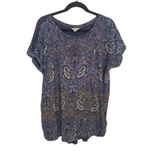 Lucky Brand Top 1X Womens Plus Size Short Sleeve Crew Neck Bohemian Blue Pullove - £18.82 GBP