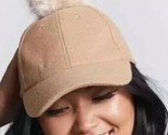 Tan Pom Ball Hat Baseball Cap Soft Wool Blend Furry Fuzzy Adjustable NEW - $10.85