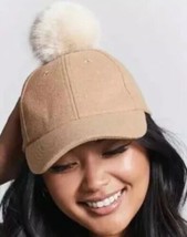 Tan Pom Ball Hat Baseball Cap Soft Wool Blend Furry Fuzzy Adjustable NEW - $10.85