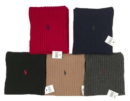 NEW Polo Ralph Lauren Ribbed Scarf!  Black Gray Navy Tan Red  Polo Player  Wool - £27.96 GBP