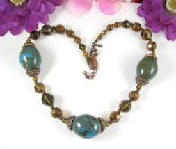 Big Beautiful Beaded Necklace Copper/Amber Glass Beads Blue/Green Premier Design - £19.37 GBP