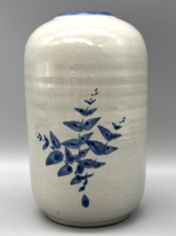 Vintage Red Wing Stoneware Pottery Vase 6&quot; Budvase Blue Rim Leaf Leaves Redwing - £22.33 GBP