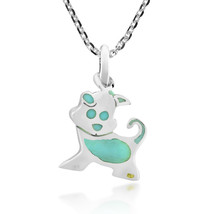 Cute Little Puppy Dog Green Enamel Inlays Sterling Silver Pendant Necklace - £10.60 GBP