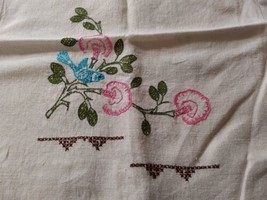 Vintage Hand Embroidered Table Runner Floral Bluebird 14.5x37 - £21.86 GBP