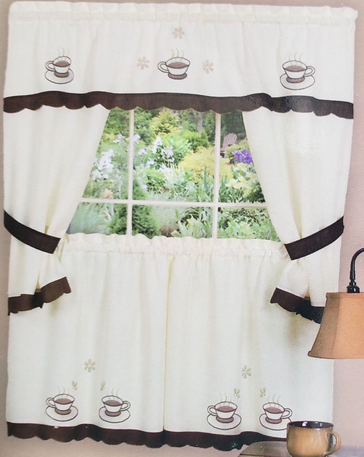 3pc Embellished Cottage Curtains Set: 2 Tiers & Swag,COFFEE CUP,CUPPA JOE,Achim - $22.76