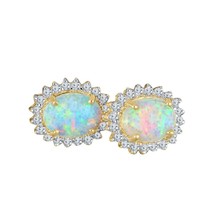 14k Gold Plated Silver 4 Ct Oval Cut Simulated Fire Opal Halo Stud Earrings - £66.18 GBP