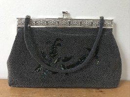 Vintage Black Floral Micro Bead Beaded Formal Silver Clutch Handbag Purs... - $59.99