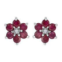 1.75 ct Simulated Ruby &amp; CZ Flower Shape Stud Earrings 14K Gold Plated Silver - £44.13 GBP