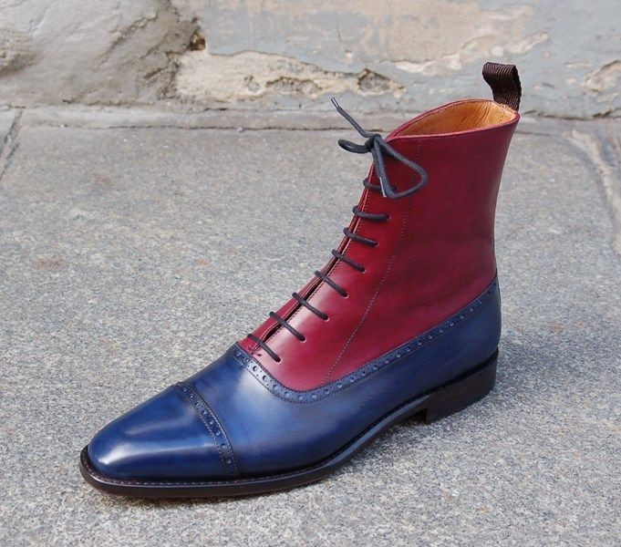 Men Two Tone Red Blue Rounded Cap Toe Lace Up Derby Leather Ankle Boot US 7-16