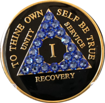 1 Year AA Medallion Blue Sapphir Swarovski Crystal Black Tri-Plate Sobriety Chip - $22.99