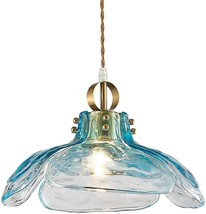 Blue Pendant Light Fixture Vintage Hanging Retro Chandelier Kitchen Gold Glass - £89.83 GBP