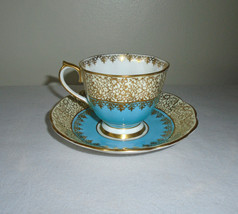 Royal Albert Teacup and Saucer Turquoise With Gold Filigree Vintage - $49.50