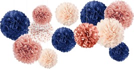 Birthday Decorations for Women Tissue Pom Poms Kit 12PCS Navy Rose Paper Flowers - £18.79 GBP