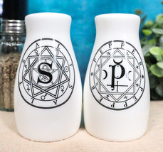 Wicca Sacred Geometry Pentacles Crescent Moons Ceramic Salt n Pepper Shakers Set - £15.17 GBP