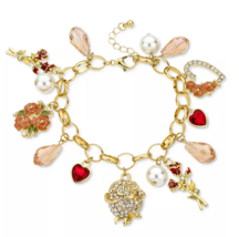 Holiday Lane Gold-Tone Multi-Stone Heart and Flower Charm Bracelet - £13.54 GBP