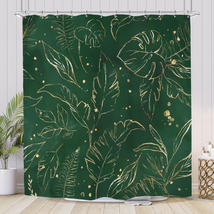 Tropical Palm Leaves Shower Curtain 60Wx72H Inches Abstract Dark Green Gold Plan - £15.82 GBP