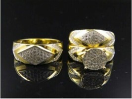 0.62CT Round Cut Simulated Diamond Wedding Trio Ring Set 925 Silver Gold Plated - £82.97 GBP