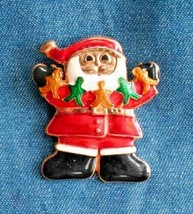 Festive Enamel Gold-tone Santa Claus w. Dolls Christmas Brooch 1980s vintage 2&quot; - £10.33 GBP