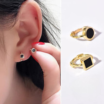 10ct Solid Gold Black Square &amp; Circle Huggie Hoops Earrings, small, fine, unisex - £90.32 GBP