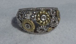 Judith Ripka Sterling Silver and 18k Gold 3 Diamonds Floral Filigree Ring Size 7 - $495.00