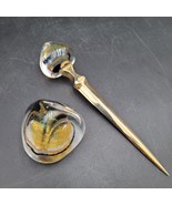 Caithness Scotland Art Glass Gold Letter Opener &amp; Paperweight Desk Decor - £38.21 GBP