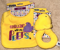 Yellow Easter Baby Bib “Chillin’ With My Peeps” &amp; Plush Chick Baby Rattle NEW - $27.99