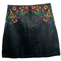 Zara Embroidered Mini Skirt Black Size S Faux Leather Floral Bohemian Lined - £17.15 GBP