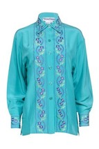 VTG Diane von Furstenberg Turquoise Silk Blouse Lavender Floral EmbroideryL - $1,546.27 MXN