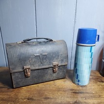 Vintage American Thermos Products Black Metal 'V' Lunch Box, and blue Thermos - £38.60 GBP