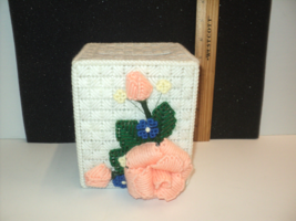 Handmade White Needlepoint Tissue Box Holder Peach Roses, Blue, Yellow V... - $19.64