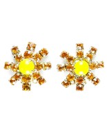 Vtg 70s Orange Rhinestone Flower Power Mod Hippie Floral Gold Clip On Ea... - $12.62 CAD