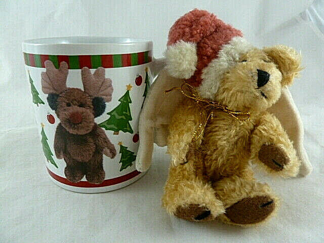 Boyds Bearware Pottery Works 2004 Holiday Mug Reindeer + Teddy Angel Jointed 5" - $19.79