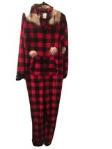 Secret Treasures Women Soft Buffalo Plaid Suit Pajamas Faux Fur Hood One Piece M - £31.33 GBP