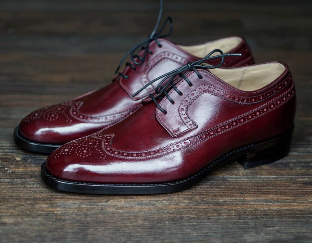 NEW Handmade Men's Burgundy Color Shoes, Men's Leather Wing Tip Lace Up Formal S