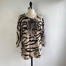 Vintage I Magnin Womens Beaded Tiger Top Large 3/4 Sleeves Cotton Holida... - $47.52