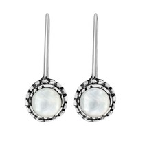 Casual Chic Textured Circle White Seashell Sterling Silver Dangle Hook Earrings - £13.25 GBP