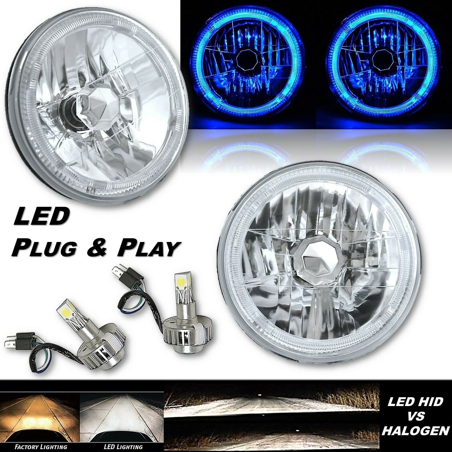 OCTANE LIGHTING 7x6 Inch Amber SMD LED Headlight Assembly - H4 Halogen Bulb, Halo Reflector, 90 Day Warranty (Each)