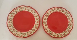 2 Pioneer Woman Red Timeless Floral 10.5&quot; Dinner Plates Stoneware Scalloped Lot - £19.94 GBP