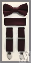 Dark Burgundy NEW Boy&#39;s Clip Suspender Bow tie &amp; Pocket Square 3 pieces set - $18.29