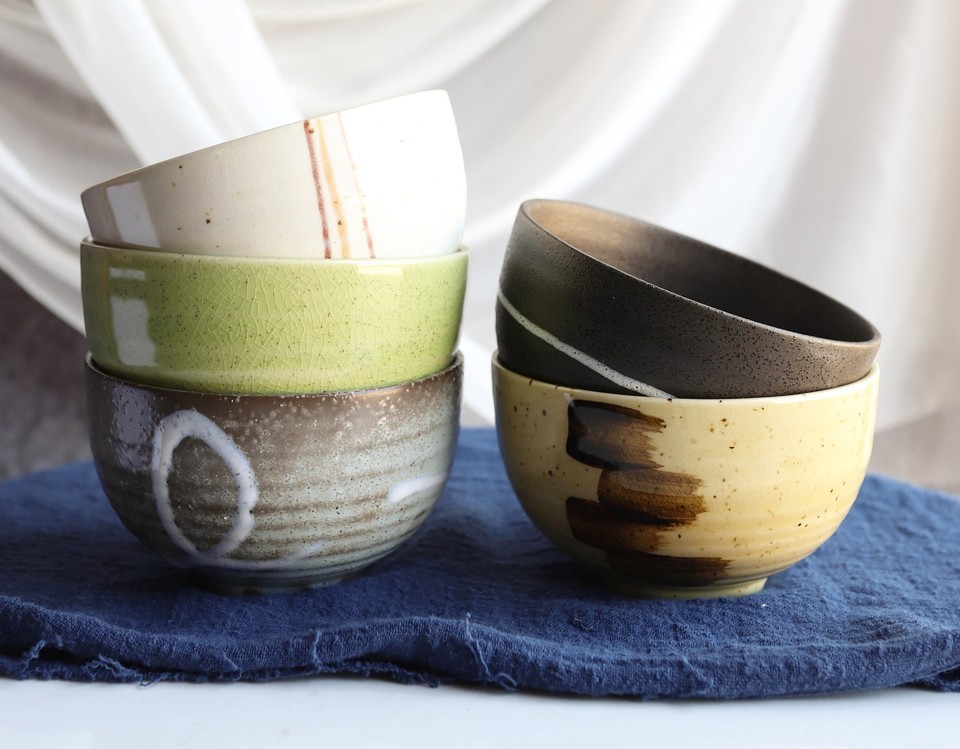 Pack Of 5 Made In Japan Colorful Brush Art Kiln Natural Glazed Ceramic B... - $39.99