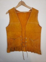 VTG Suede Fringe Vest Hippie Western 60&#39;s-70s Mustard Genuine Leather DEFECT - £36.49 GBP