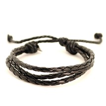 Black Faux Leather Bracelet Braided Triple Cord Adjustable Surfer Hemp Men Women - £2.31 GBP