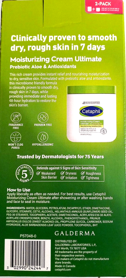Cetaphil Moisturizing Cream Ultimate with Prebiotic Aloe, 2 Pack (20 Oz + 16 Oz) Item image 2
