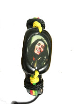 Bob Marley Smiling Mirror Picture Acrylic Medalion Black Leather Adj Bracelet - £3.19 GBP